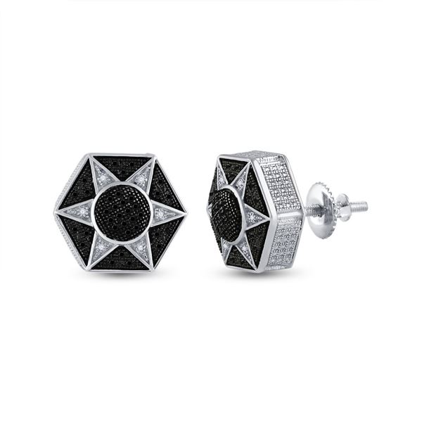 Sterling Silver Black Color Enhanced Diamond Hexagon Star Cluster Earrings 1/5 Cttw Sterling Silver