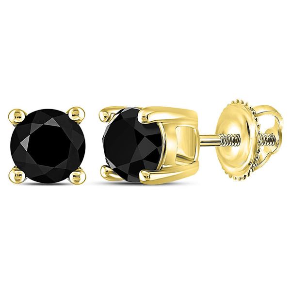 Unisex Black Color Enhanced Diamond Solitaire Stud Earrings 1 Cttw 14kt Yellow Gold