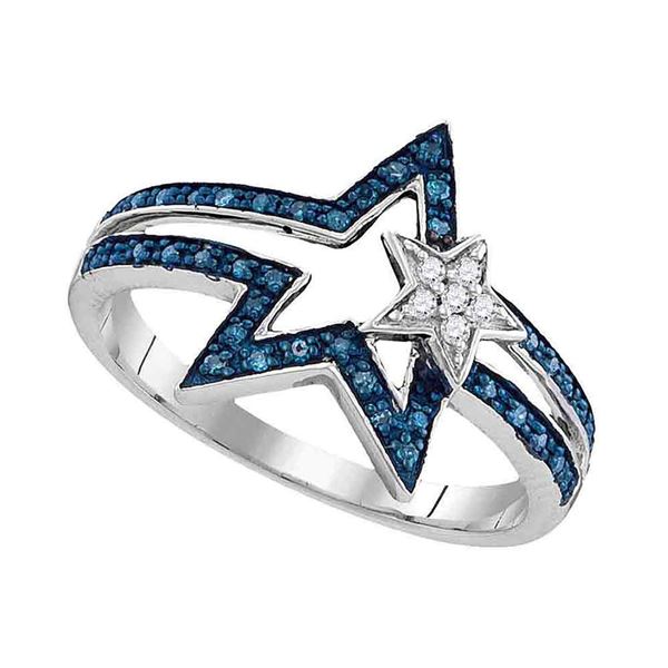 Blue Color Enhanced Diamond Double Star Ring 1/6 Cttw Sterling Silver