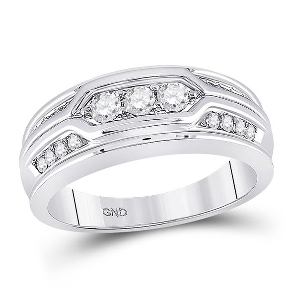 Mens Diamond 3-stone Wedding Band Ring 1/2 Cttw 14kt White Gold