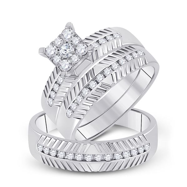 His Hers Diamond Cluster Matching Wedding Set 3/4 Cttw 14kt White Gold