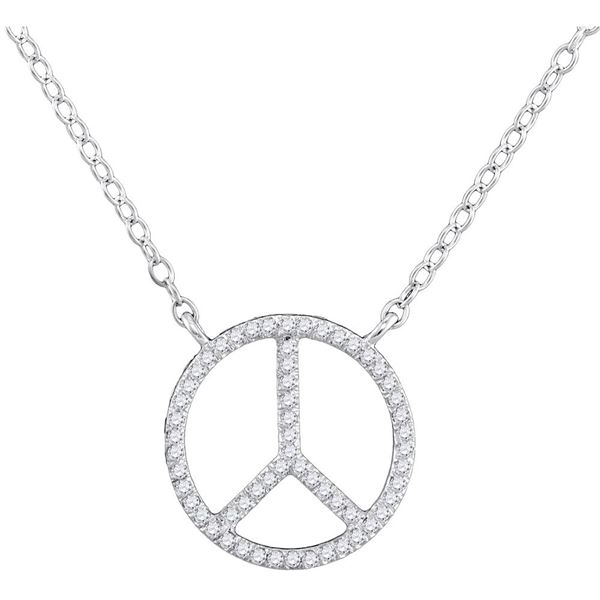 Diamond Peace Sign Circle Pendant Necklace 1/6 Cttw 10kt White Gold