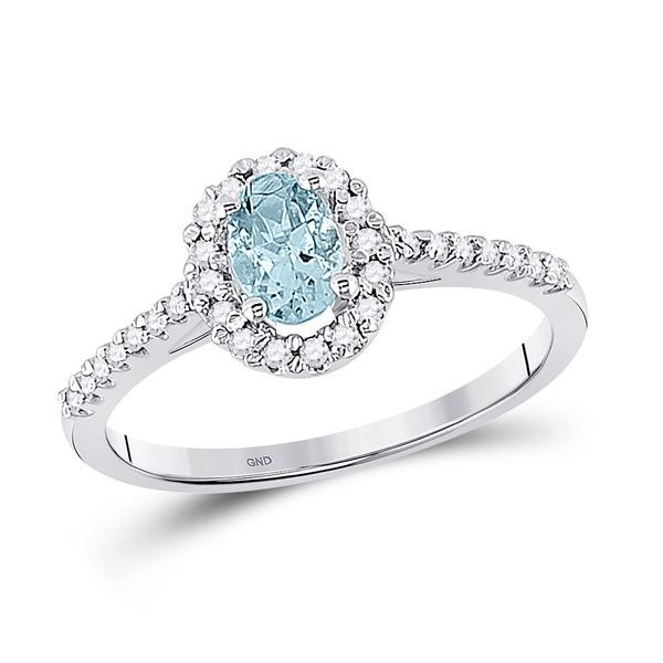 Oval Aquamarine Diamond-accent Solitaire Ring 1/5 Cttw 10kt White Gold