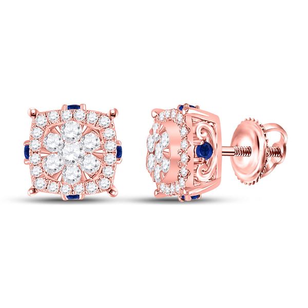 Diamond Blue Sapphire Cluster Earrings 5/8 Cttw 14kt Rose Gold