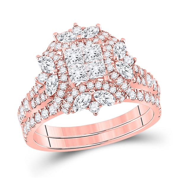 Princess Marquise Diamond Bridal Wedding Ring Band Set 1-3/4 Cttw 14kt Rose Gold