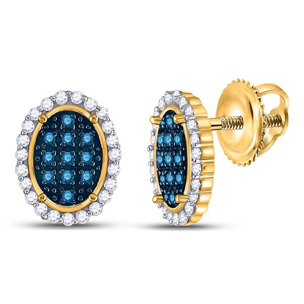 Blue Color Enhanced Diamond Oval Earrings 1/3 Cttw 10kt Yellow Gold