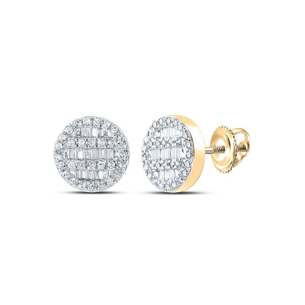 Baguette Diamond Circle Cluster Earrings 1/3 Cttw 10kt Yellow Gold