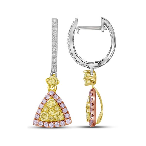 Yellow Pink Diamond Triangle Dangle Earrings 1 Cttw 14kt White Gold