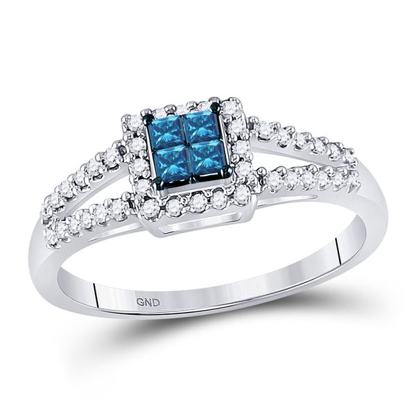 Princess Blue Color Enhanced Diamond Cluster Ring 1/3 Cttw 14kt White Gold
