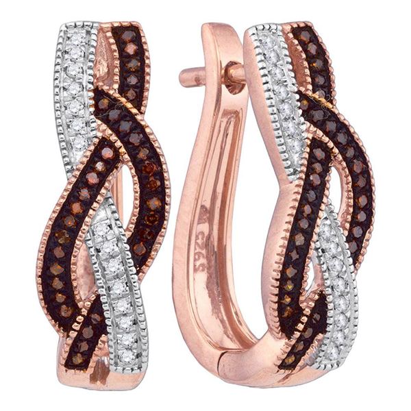 Red Color Enhanced Diamond Woven Hoop Earrings 1/4 Cttw 10kt Rose Gold