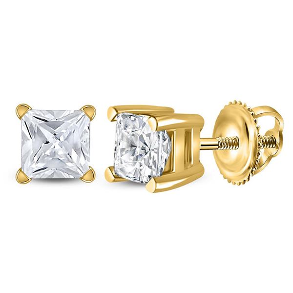 Unisex Princess Diamond Solitaire Stud Earrings 3/4 Cttw 14kt Yellow Gold