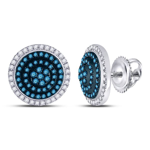 Blue Color Enhanced Diamond Concentric Cluster Earrings 1/2 Cttw 10kt White Gold