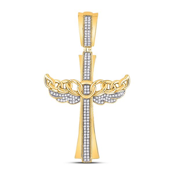 Mens Diamond Angel Wing Cuban Link Cross Charm Pendant 3/8 Cttw 10kt Yellow Gold