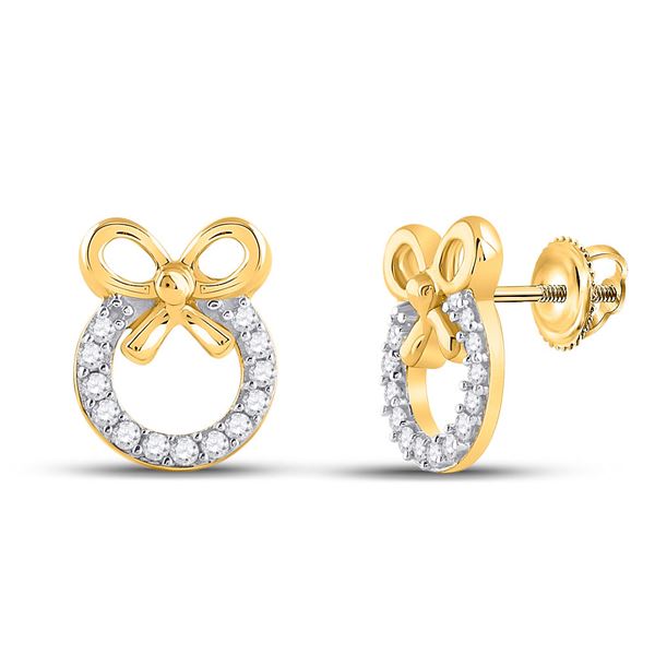 Diamond Ribbon Bow Circle Earrings 1/10 Cttw 10kt Yellow Gold