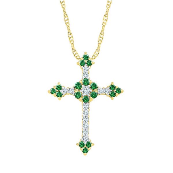 Lab-Created Emerald Cross Pendant 7/8 Cttw 10kt Yellow Gold