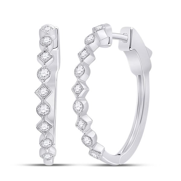 Diamond Milgrain Square Dot Hoop Earrings 1/2 Cttw 14kt White Gold