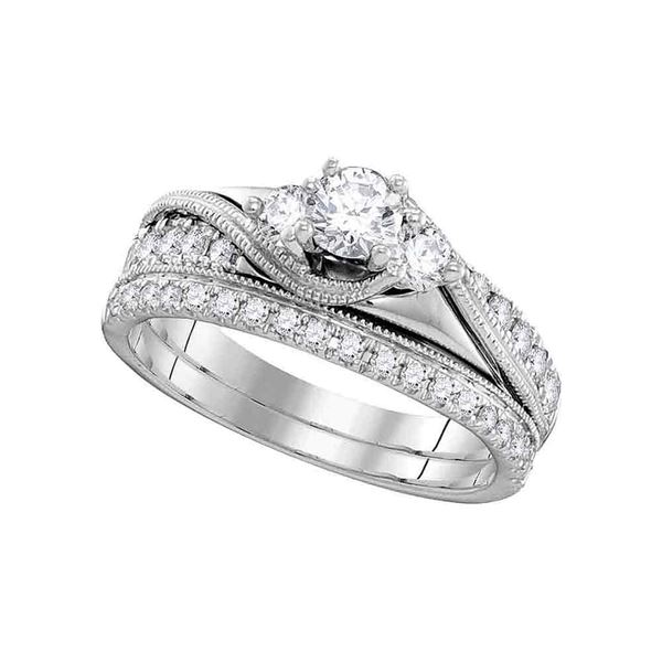 Diamond 3-Stone Bridal Wedding Ring Band Set 7/8 Cttw 14kt White Gold