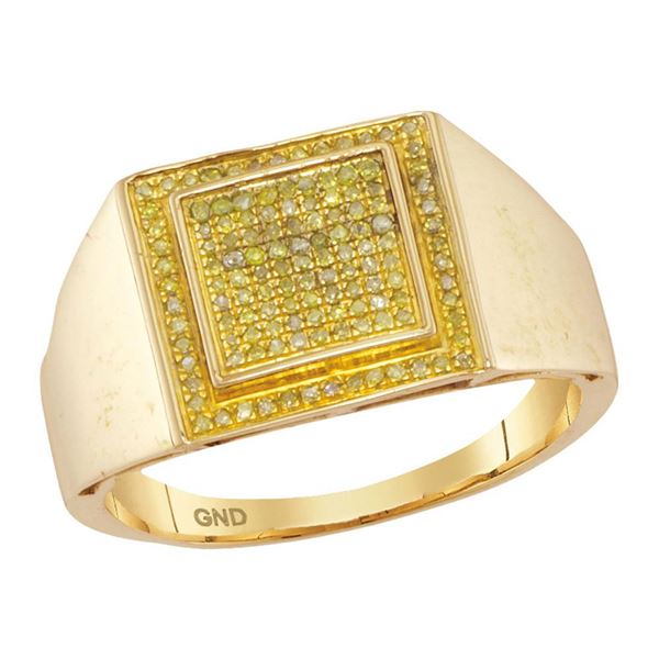 Mens Yellow Color Enhanced Diamond Square Cluster Ring 1/4 Cttw 10kt Yellow Gold