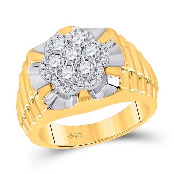 Mens Diamond Flower Cluster Ribbed Ring 1 Cttw 10kt Two-tone Yellow White Gold