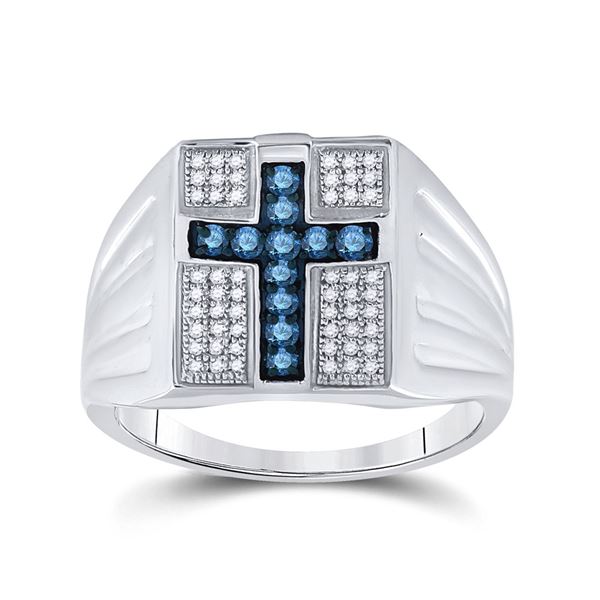 Sterling Silver Mens Blue Color Enhanced Diamond Cross Religious Ring 1/2 Cttw Sterling Silver
