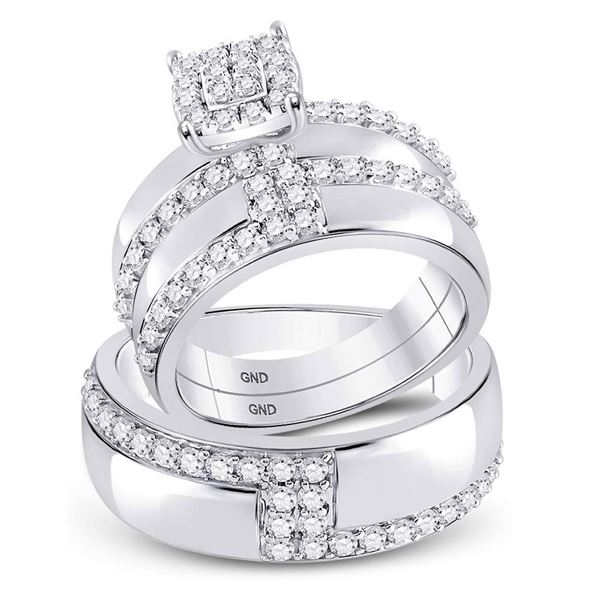 His Hers Diamond Cluster Matching Wedding Set 1-1/2 Cttw 14kt White Gold