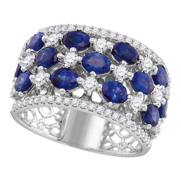 Oval Blue Sapphire Checkered Band Ring 3-7/8 Cttw 18kt White Gold