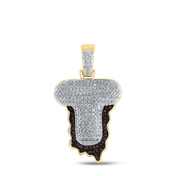 Mens Red Color Enhanced Diamond Letter T Blood Charm Pendant 5/8 Cttw 10kt Yellow Gold