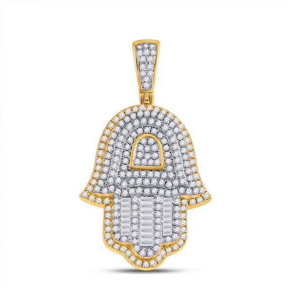 Mens Baguette Diamond Hamsa Hand Charm Pendant 1-1/3 Cttw 10kt Yellow Gold