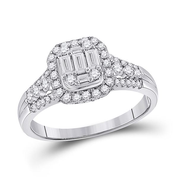 Baguette Diamond Square Cluster Ring 3/4 Cttw 14kt White Gold