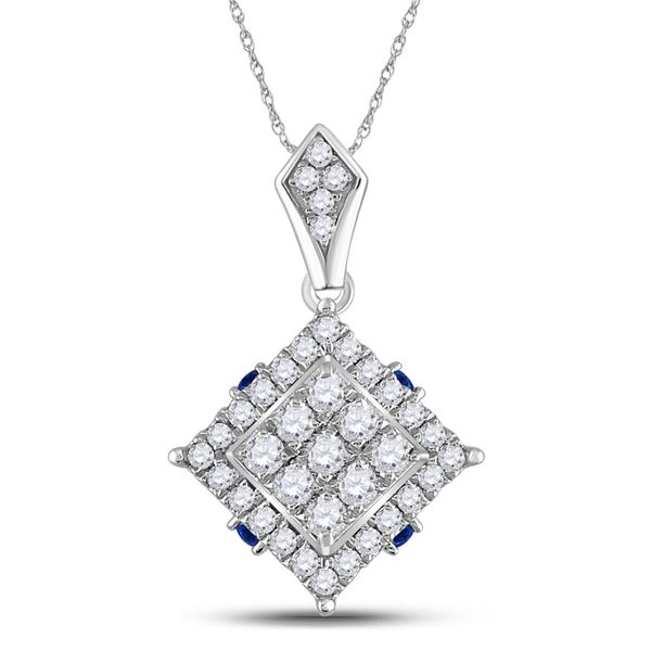 Diamond Blue Sapphire Square Pendant 5/8 Cttw 14kt White Gold