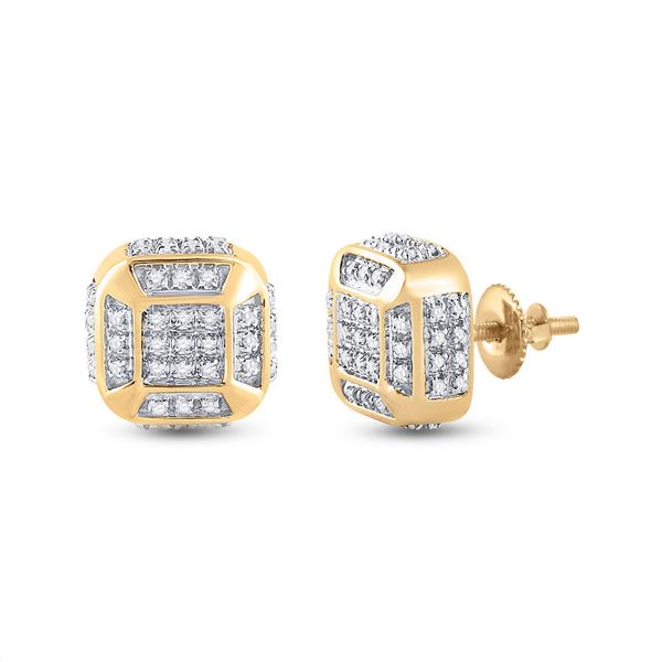 Mens Diamond Cushion Cluster Earrings 1/4 Cttw 10kt Yellow Gold