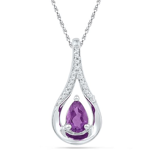 Pear Lab-Created Amethyst Solitaire Diamond Teardrop Pendant 1/2 Cttw Sterling Silver