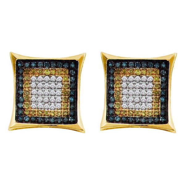Mens Yellow Blue Color Enhanced Diamond Square Cluster Earrings 1/3 Cttw 10kt Yellow Gold