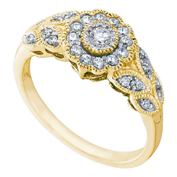 Diamond Solitaire Floral Cluster Milgrain Ring 1/3 Cttw 10kt Yellow Gold