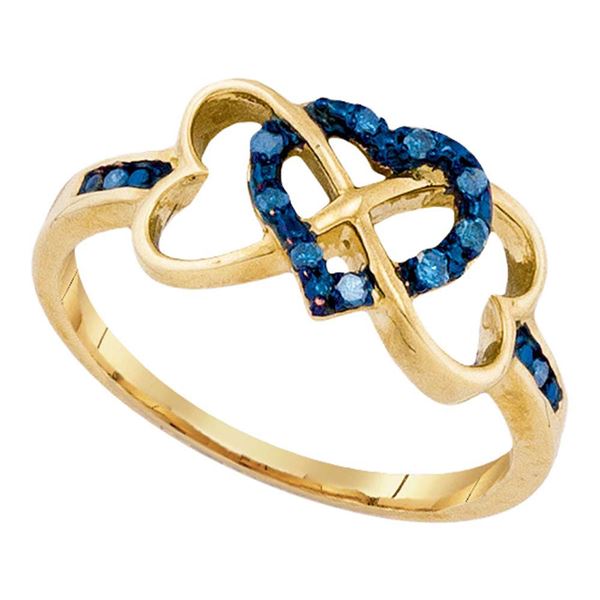 Blue Color Enhanced Diamond Triple Trinity Heart Ring 1/10 Cttw 10kt Yellow Gold