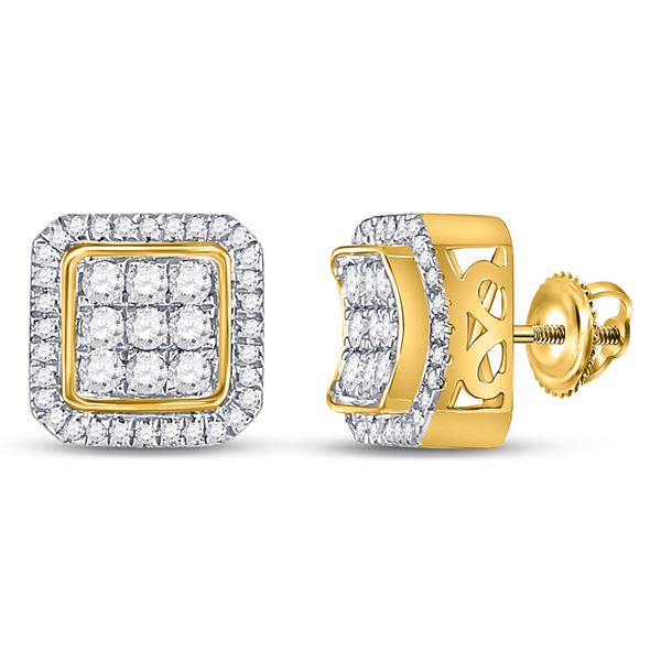 Mens Diamond Square Cluster Earrings 7/8 Cttw 10kt Yellow Gold