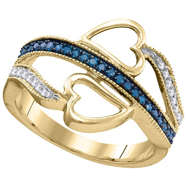 Blue Color Enhanced Diamond Double Heart Ring 1/5 Cttw 10kt Yellow Gold