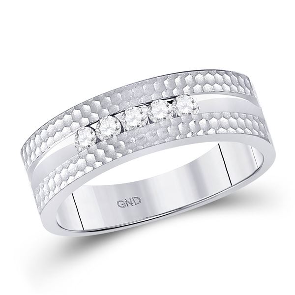 Mens Diamond Wedding 5-Stone Hammered Band Ring 1/4 Cttw 10kt White Gold