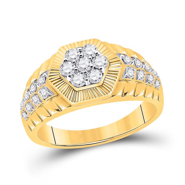 Mens Diamond Hexagon Flower Cluster Ring 3/4 Cttw 10kt Yellow Gold