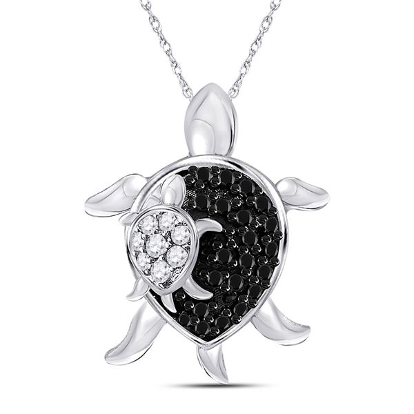 Black Color Enhanced Diamond Turtle Animal Pendant 1/8 Cttw 10kt White Gold