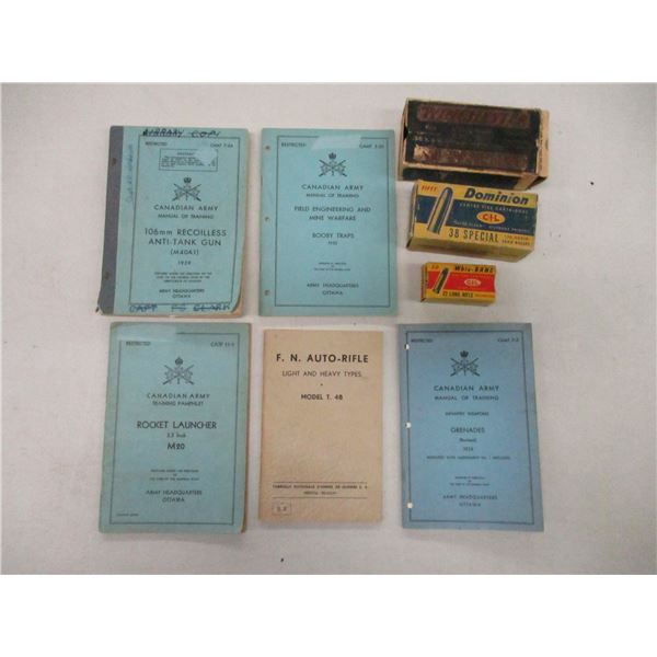 ASSORTED MILITARY BOOKS/AMMO BOXES
