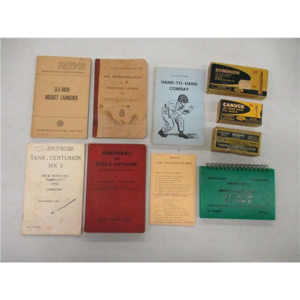 ASSORTED MILITARY BOOKS/AMMO BOXES