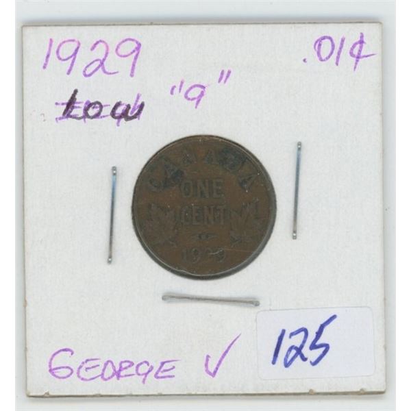 1929 Canadian  George V 1 Cent Coin