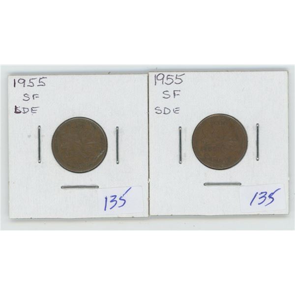 2 1955 Canadian 1 Cent Coins