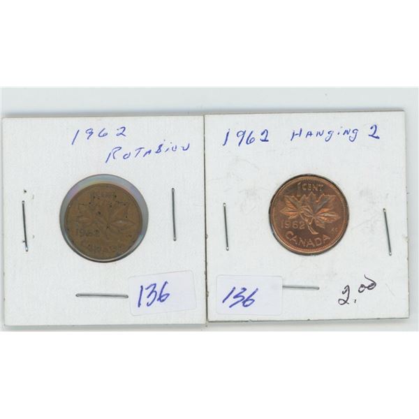 2 1962 Canadian 1 Cent Coins