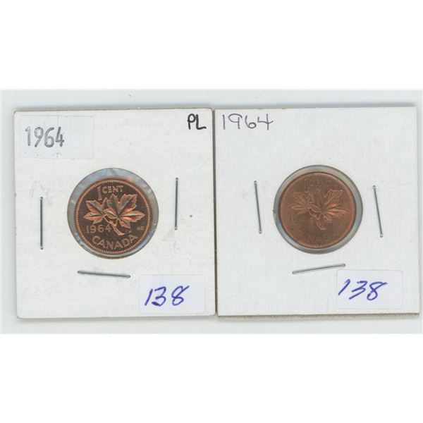 2 1964 Canadian 1 Cent Coins