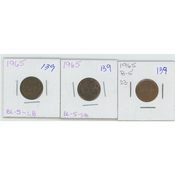 3 1965 Canadian 1 Cent Coins