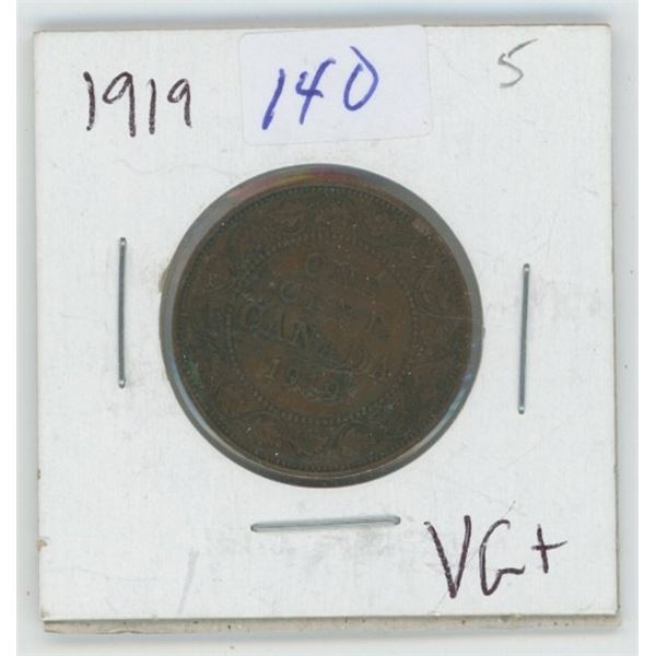 1919 Canadian 1 Cent Coin VG+