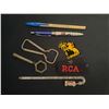 Image 1 : lot of collectibles -advertising bottle openers + pens, crown harmonica stir stick (works!), badges