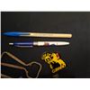 Image 3 : lot of collectibles -advertising bottle openers + pens, crown harmonica stir stick (works!), badges
